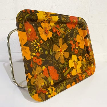 Vintage Metal Lap Tray Floral Serving Retro Mid-Century Breakfast in Bed 1970s Floral TV Home Abstract Pattern Enamel Tin Folding Legs 