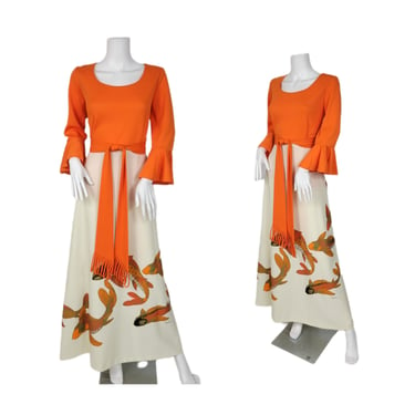 Miss Shaheen 1970's Orange White Hand Painted Koi Fish Print 2 Pc Maxi Skirt Top Set I Sz med I Alfred Shaheen 