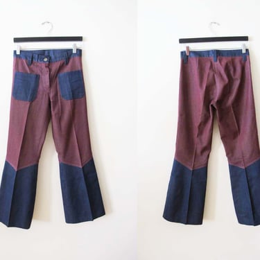Vintage 70s Patchwork Bell Bottom Pants XS 25 - 1970s Denim Blue Jean Burgundy Red Flared Pants - Sailor Pants 