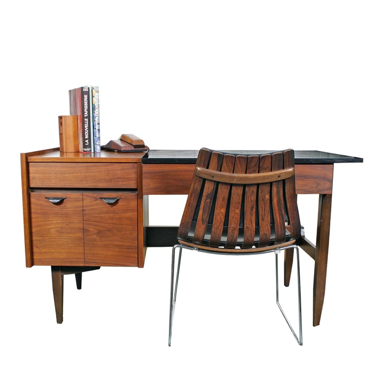 The Slim MCM Walnut Desk w. Raised Lip Edge + Finished Backside w/ a Snazzy Display Bookshelf!