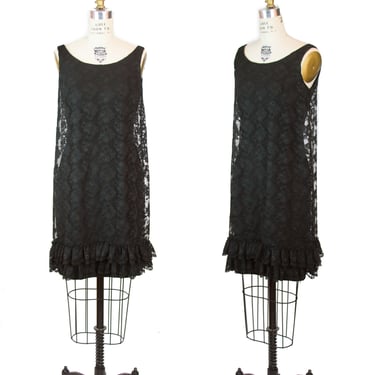 Vintage 1960s Dress ~ Black Lace Shift Dress with Bow Back Form Fitting Slip Mod 