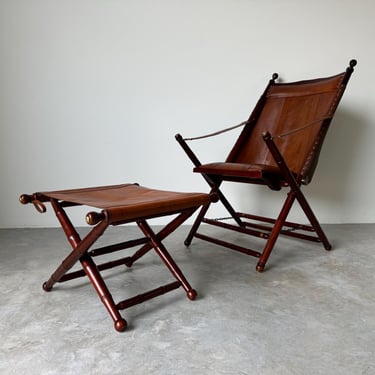 Palecek Campaign - Style Brown Leather Folding Chair and Matching Ottoman Stool 