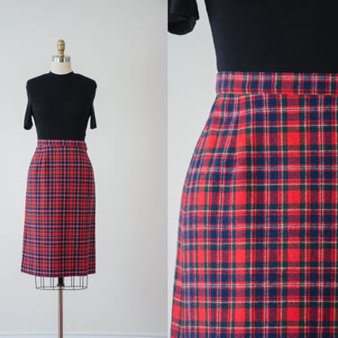 red plaid wool skirt | 70s 80s vintage Pendleton red blue green plaid academia style knee length wool skirt 