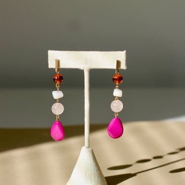 Long Fuchsia Pink Statement Dangle Earrings / Vintage Beads / Elegant Boho Jewelry / Handmade earrings 