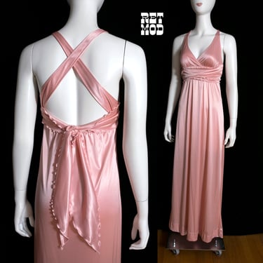 Sexy Sleek Vintage 70s Light Pink Satin Style Maxi Dress - Wear Multiple Ways 