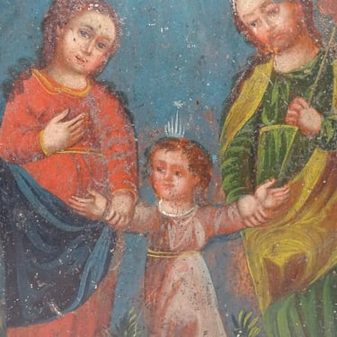 1800's Holy Family Retablo,  Santa Nino,  Jesus Christ, Mary and Joseph Antique Oil Painting on Tin, Vintage Religious Folk Art 