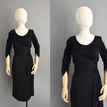 1950s vintage dress | Gorgeous Draped Black Cocktail Party Wiggle Dress | Medium Large | 50s dress 
