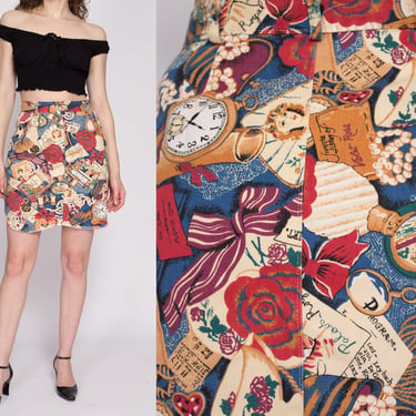 S| 80s Victorian Alice In Wonderland Print Denim Mini Skirt - Small, 27" | Vintage Boho High Waisted Novelty Cutoff Jean Skirt 