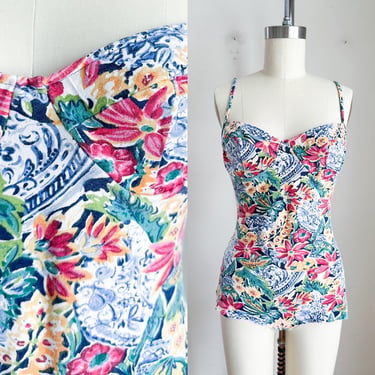 Vintage 1980s Floral & Blue Willow Romper / S 