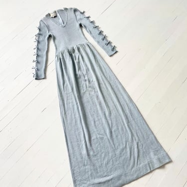 1970s Deadstock Ice Blue Metallic Wool Knit Maxi Dress with Peephole Bow Sleeves 