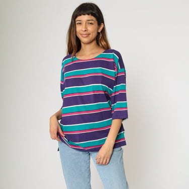 90s Striped Tee Shirt Purple Turquoise Pink Shirt Crewneck 3/4 Sleeve Tee 1990s Vintage Normcore T Shirt Oversize Medium Large 