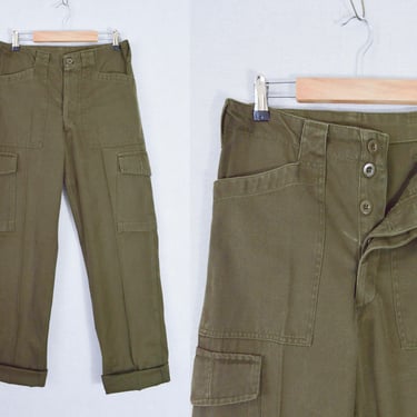 Vintage Mens Cargo Fatigue Pants Trousers - Olive Green 