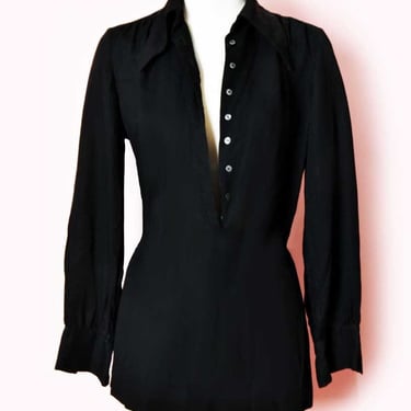 1930's Black Tunic Blouse POET SLEEVES Vintage Shirt Top Antique Art Deco Rayon Crepe 40's 