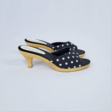 Daisy 1980's Black White Polka Dot Faux Wood Heel Slides I Sz 10 