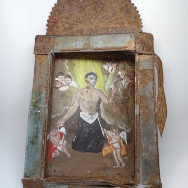 Antique Large Saint Aloysius Gonzaga Hand Painted Retablo in Tin Nicho Altar Shrine, Mexican Religious Folk Art, Vintage Original Art 