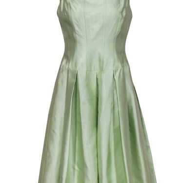 Rickie Freeman for Teri Jon - Light Green Sleeveless Pleated Silk A-Line Dress Sz 8