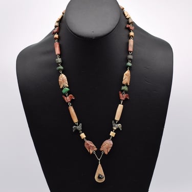 60's jasper turquoise Southwestern fetish necklace, tribal fish birds barrels & nuggets affixed Y pendant 