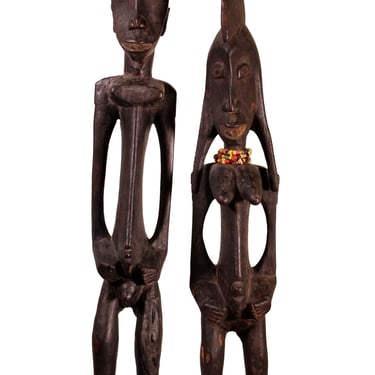 Pair of African Wood Carvings Standing Male and Standing Female with Beaded Neck 