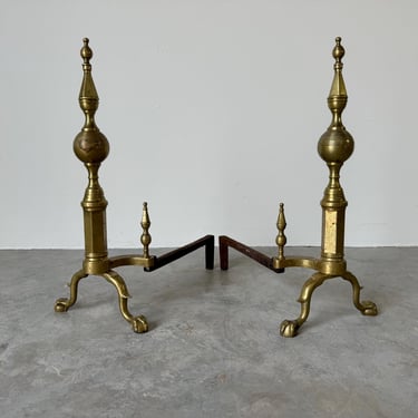 A Pair Of Vintage Brass Fireplace Andirons  With  Classic Ball And Claw Feet 