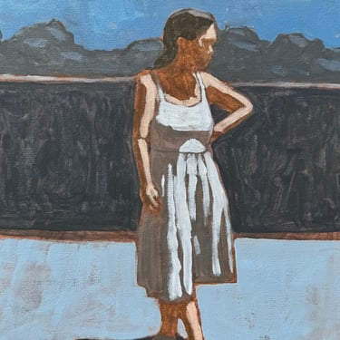 Woman in Street #3 - Original Acrylic Painting on Canvas 12 x 16 - fine art, figurative, michael van, blue 