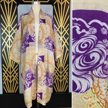 vintage kimono, rayon robe, dressing gown, one size, yellow and purple, 1940s robe, bohemian style, flapper style, house coat, short, summer 