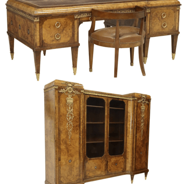 Antique Desk, Office Suite, French Oromlu-Mounted Burlwood, 3-Piece Set, 1800's