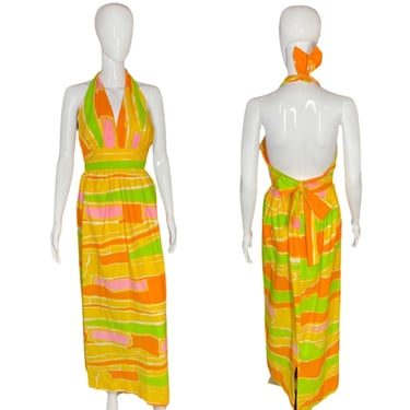 1970’s Bright Psychedelic Citrus Halter Dress Size S