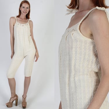 Knit Capri Jumpsuit, 70s Cotton Tie Sundress, Woven Crochet Jumpsuit, Pull On Boho Pant Suit 