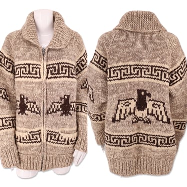 70s TUAK cowichan eagle cardigan sweater L / vintage Canadian sweater / 80s Canada knit gender neutral 