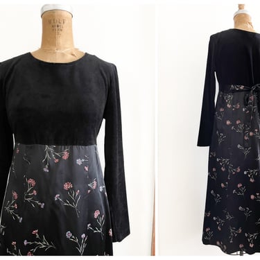 Vintage ‘80s ‘90s whimsigoth dress, Fall vibes | back velour top, empire waist dress, dolly core, floral print satin dress, 6P 