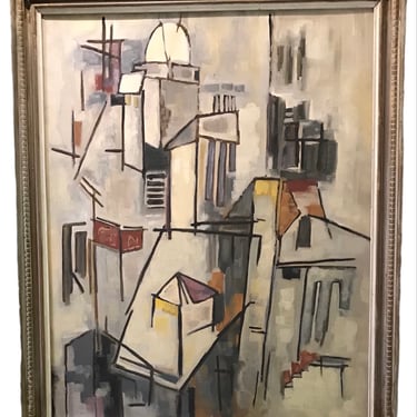 Exceptional 1950s Oil on Board Cubist Cityscape Mid Century Modern Painting