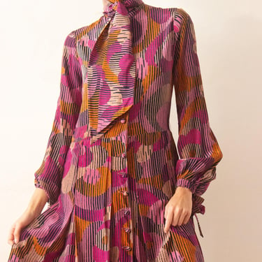 1970s Silk Pleated Bishop Sleeve Dress 