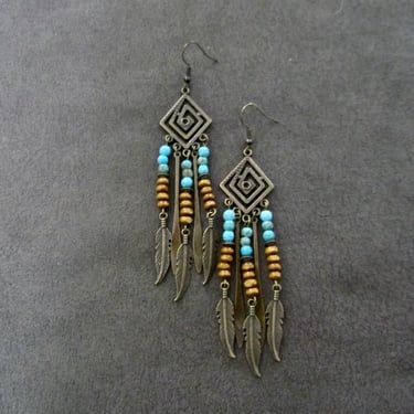 Chandelier boho chic earrings, ethnic tribal gypsy earrings, exotic statement southwest earrings, blue 