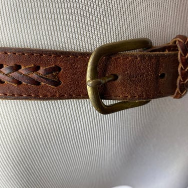Braided leather belt thin brown woven with brass buckle unisex androgynous zines LG 