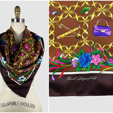 KARL LAGERFELD Vintage 90s Silk Scarf | 1990s Brown Head Scarf Kerchief | 80s 1980s Designer Icons, Gold Chains Floral Fans | Made in France 