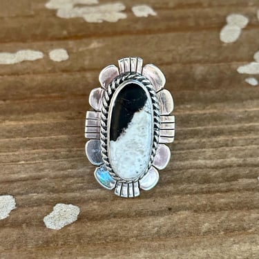 LUCIAN KOINVA, White Buffalo, Sterling Silver Scalloped Edge Ring | Turquoise Stone | Native American, Southwestern | Adjustable Size 7 1/2 