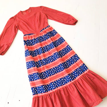 1970s Red Dotted Floral Maxi Dress 