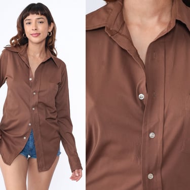 70s Shirt Men's Brown Disco Dagger Collar Shirt Button Up Shirt Long Sleeve Shirt 1970s Collared Plain Oxford Medium 15 34 