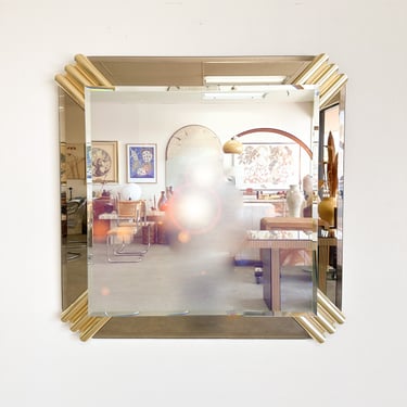 Vintage Smoke Glass And Brass Square Mirror  Mirror Postmodern MCM Retro Art Deco 70s 80s 