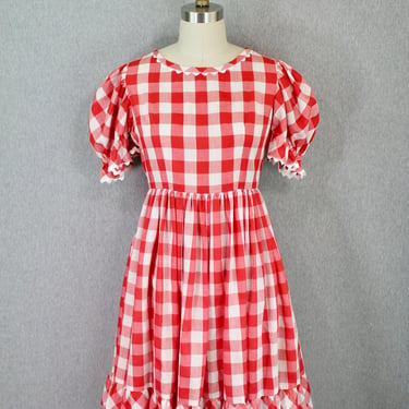 1960s 1970s Red Gingham Sundress - Puff Sleeve - Rockabilly Dress - Summer Dress 