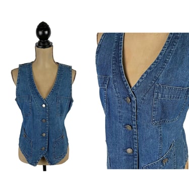 S-M Y2K Fitted Denim Vest, V Neck Button Up Waistcoat, Back Buckle Multi Pocket, 2000s Clothes Women Vintage Clothing by ORVIS Small Medium 