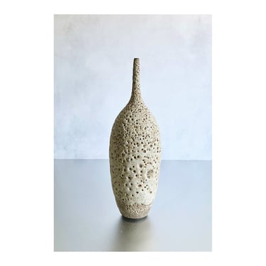 SHIPS NOW- 12" Rustic Modern Stoneware Bottle Vase with Textural Light Yellow Frothy Lava Crater Glaze by Sara Paloma Pottery 
