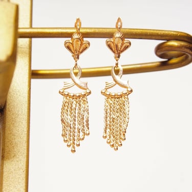 Vintage Art Deco 14K Gold Embellished Dangle Earrings, Serpentine Link Tassels, Gold Ribbon/Fleur Decoration, Lever Back Earrings, 1 3/4&amp;quot; L 