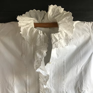 Antique French Ruffled Nightgown, Chemise, Nightdress, 1800s, Ruffle Collar, White Cotton, Broderie Anglaise, Monogram, Period Clothing 