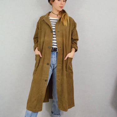 Vintage Duster Work Coat Long Length -  European 100% Cotton Herringbone Twill Chore Jacket - Camel / Tan 