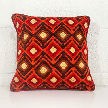 Vintage Needlepoint Geometric Pillow Red Square Accent 1970s 70s Home Decor Throw Sofa Couch Redrum The Shining 