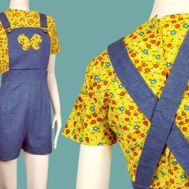 Butterfly romper vintage 60s microfloral, chambray playsuit with overall straps. One piece, patchwork, back zip, criss-cross straps. (L) 