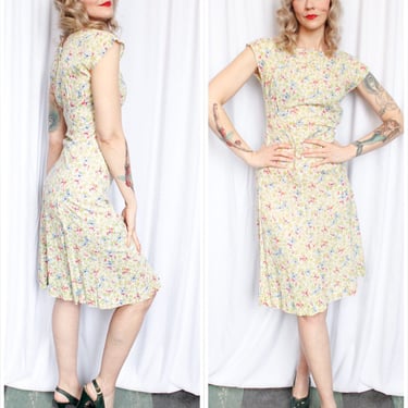 1930s Floral Cotton Day Dress - Small 