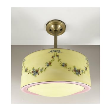 Antique Brass Ceiling Fixture with Art Deco Hand Painted Floral Glass Shade - Ready to Hang 
