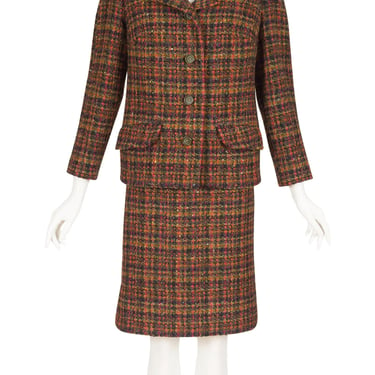 Norman Hartnell 1960s Vintage Bouclé Wool Velvet Collar Skirt Suit Sz XS 